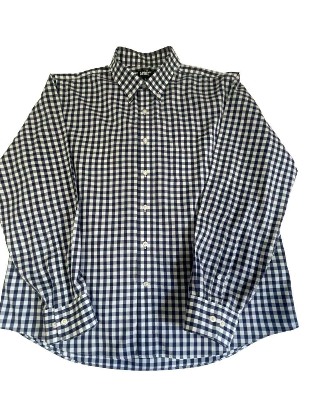 Lands’ End Men’s Gingham Button Down Shirt Blue White Large Stretch